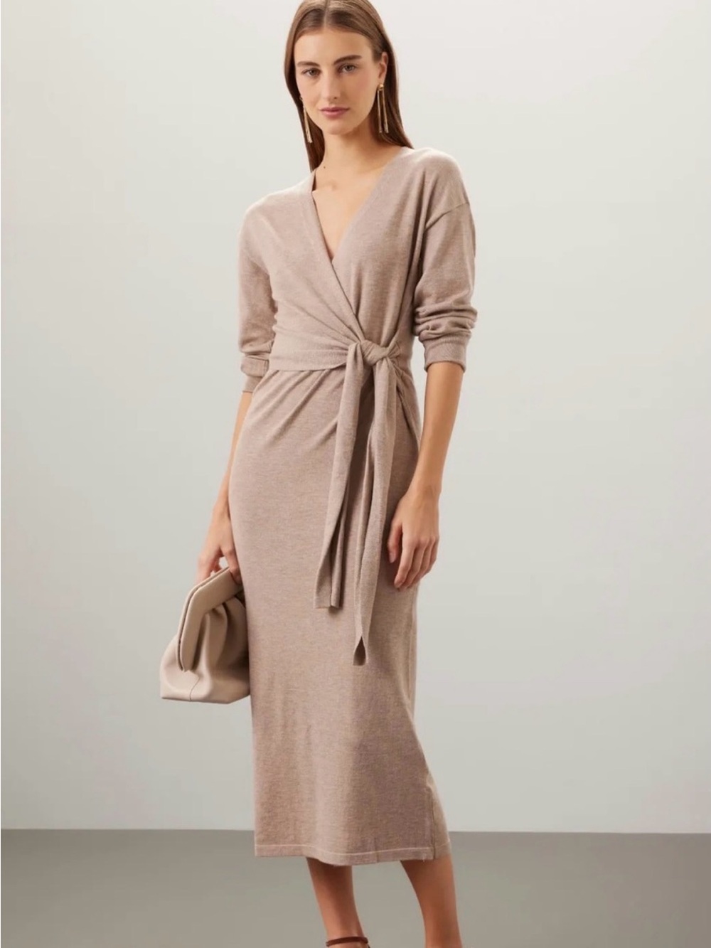 Modern Citizen Lenese Beige Knit Tie Waist Long Sleeve Wrap Midi Dress